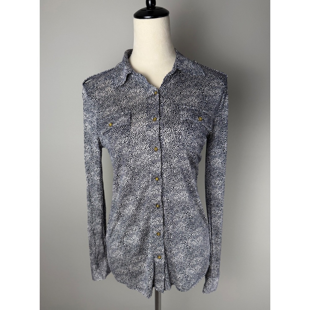 Tory Burch Button Down Shirt Silk S Navy White‎ Abstract Dot Logo Button Utility